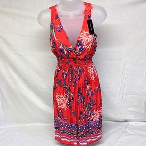J&W Red Dress Floral Print Lace Cutout